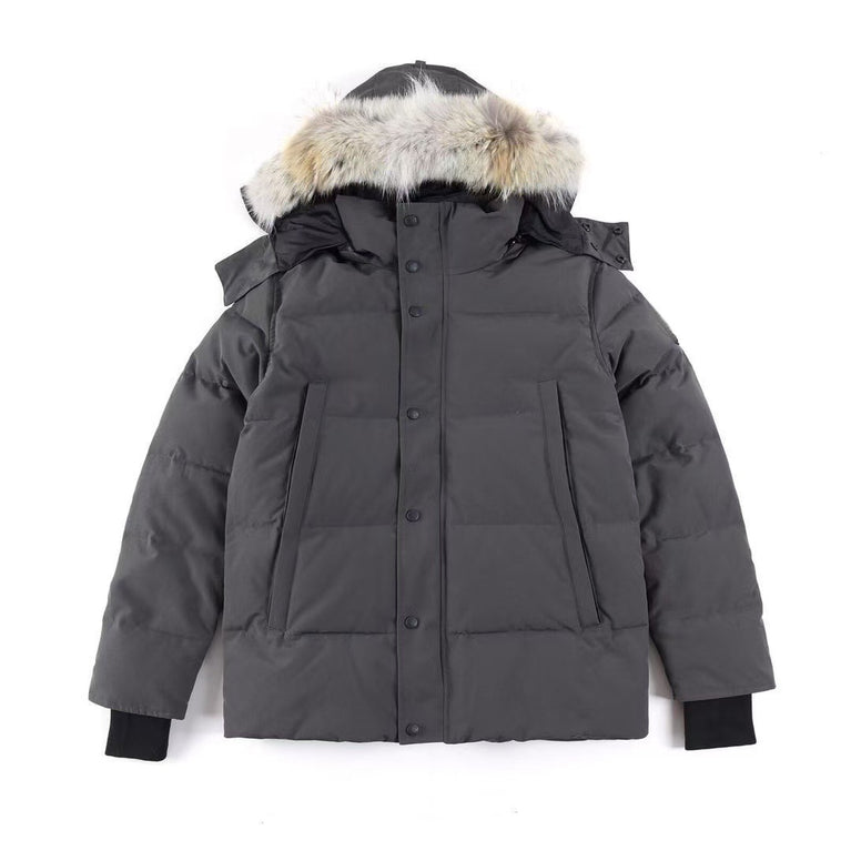 Gray winter jacket with fur-lined hood, Canada Goose Wyndham Parka Goose Men's Winter Jacket at Volonka. 