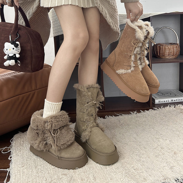 Woman wearing brown suede boots with fluffy details. Womens Thick-Soled Warm Snow Boots Autumn Winter