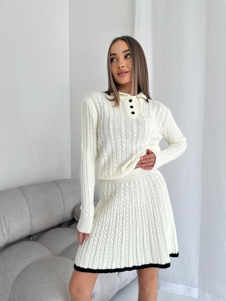 Woman wearing a white cable knit Casual Knitted Sweater and Skirt Two-Piece Set