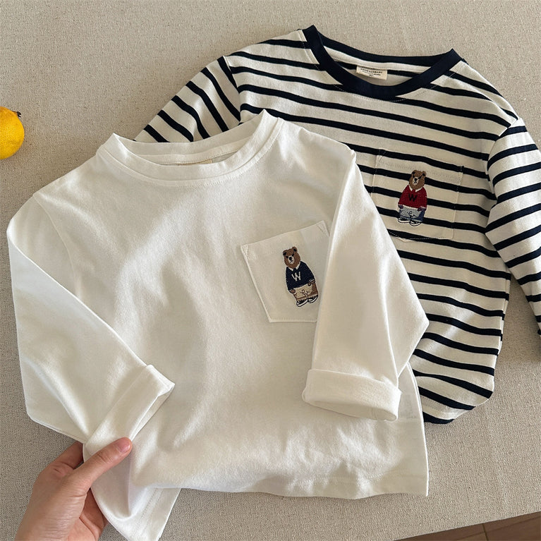 Kinder-Baumwoll-T-Shirt mit Bärenmotiv, langärmelig, Frühlings- und Herbstoberteil 