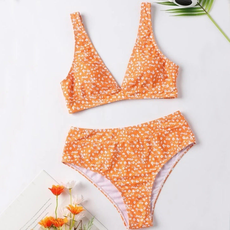 Fresh Floral Bikini Set  High Waist Design