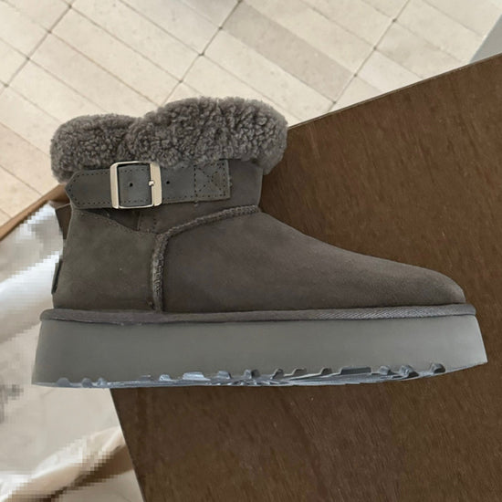 Gray UGG Furry Belted Women's Snow Boot with Thick Platform Sole at Volonka