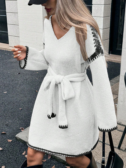 Woman wearing a white Womens Knit V-Neck Midi Dress Tie-Waist Loose Autumn Style at Volonka.