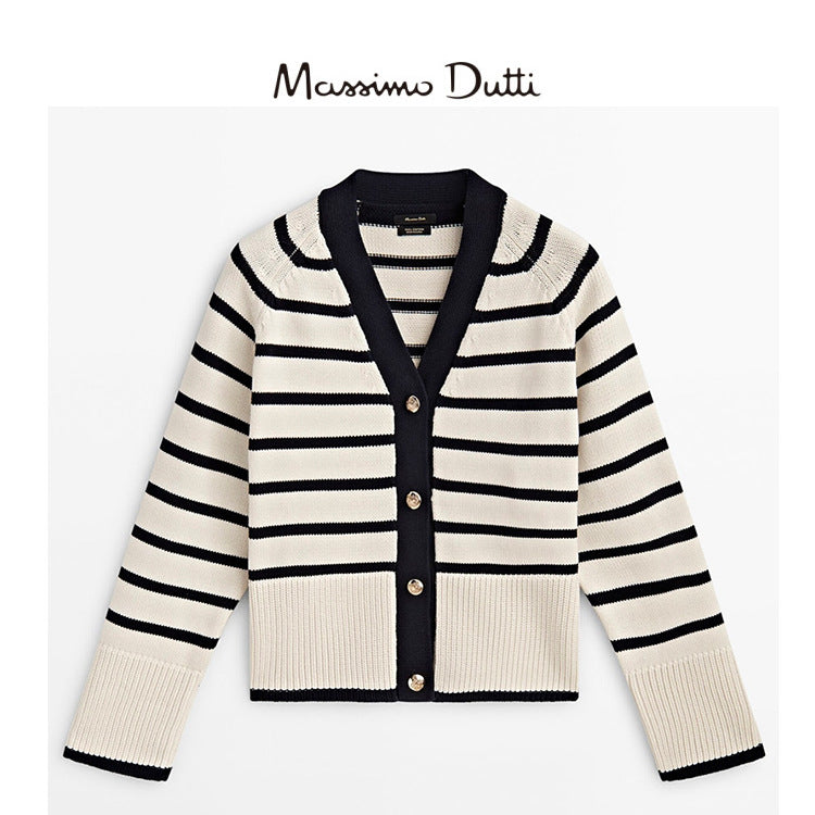 Massimo Dutti Women's V-Neck Striped Knit Cardigan Sweater