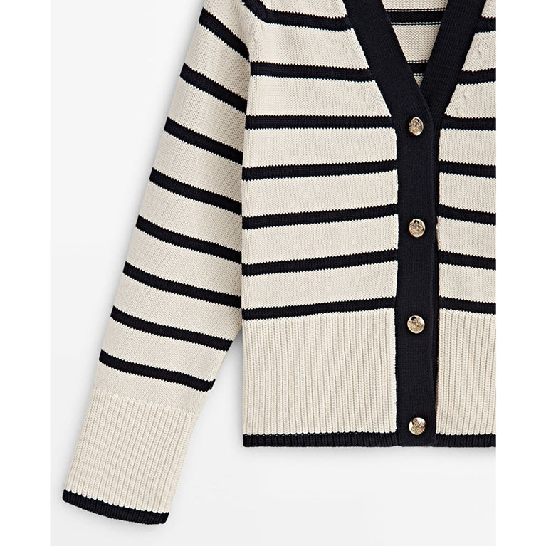 Massimo Dutti Women's V-Neck Striped Knit Cardigan Sweater