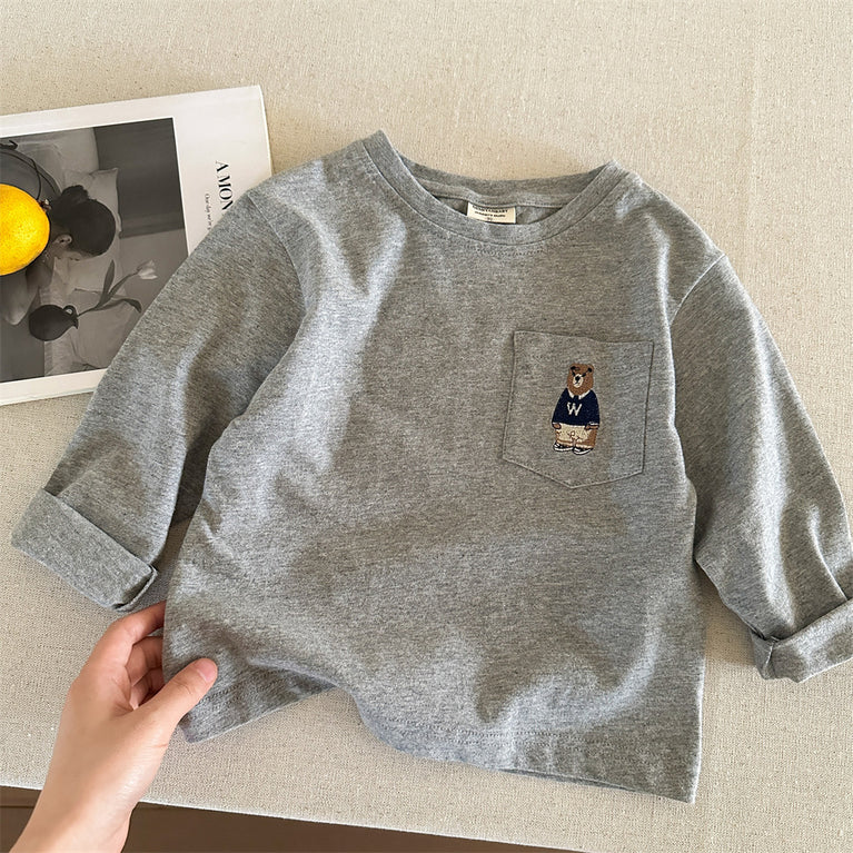 Kinder-Baumwoll-T-Shirt mit Bärenmotiv, langärmelig, Frühlings- und Herbstoberteil 