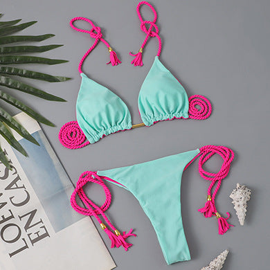 Multicolor Triangle Bikini with Braided Straps