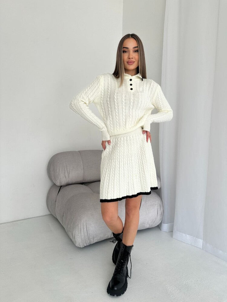 Woman wearing Casual Knitted Sweater and Skirt Two-Piece Set