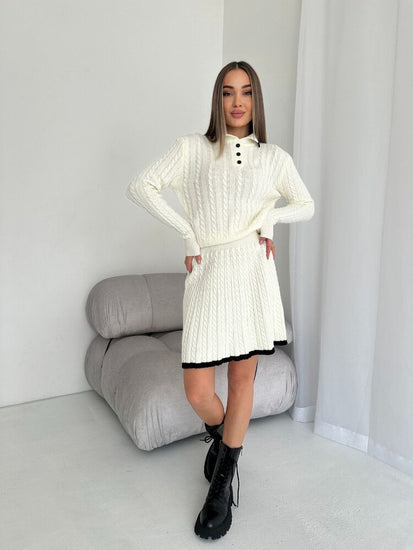 Woman wearing Casual Knitted Sweater and Skirt Two-Piece Set
