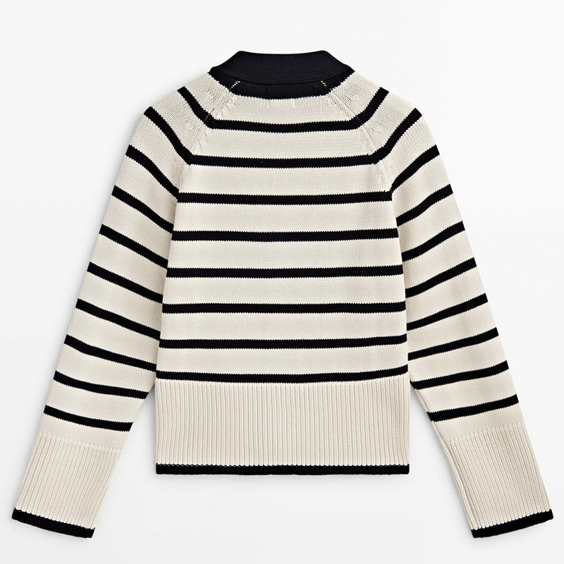 Massimo Dutti Women's V-Neck Striped Knit Cardigan Sweater