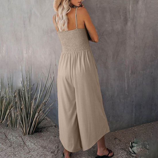 Woman wearing a beige jumpsuit. Women's Summer Breathable Casual Jumpsuit