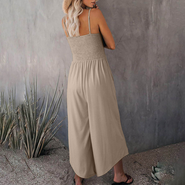 Woman wearing a beige jumpsuit. Women's Summer Breathable Casual Jumpsuit