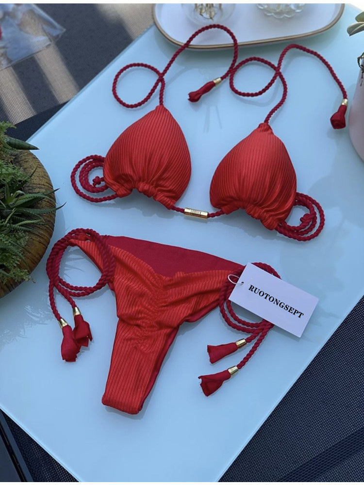 Multicolor Triangle Bikini with Braided Straps