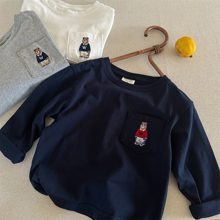 Kinder-Baumwoll-T-Shirt mit Bärenmotiv, langärmelig, Frühlings- und Herbstoberteil 