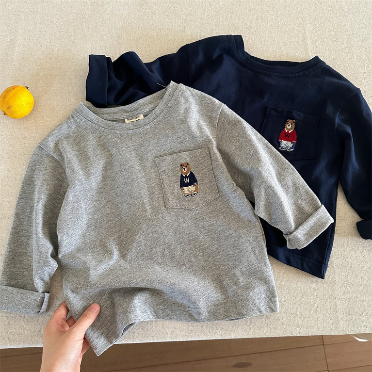 Kinder-Baumwoll-T-Shirt mit Bärenmotiv, langärmelig, Frühlings- und Herbstoberteil 