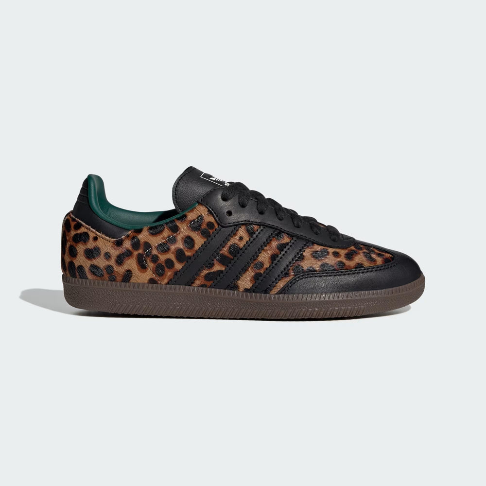 Adidas Samba OG Leopard Black Green side view showcasing bold leopard print design and black accents.