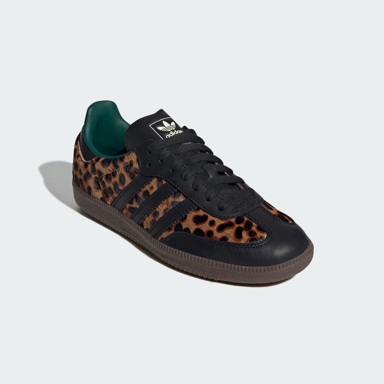 Adidas Samba OG Leopard Black Green side view showcasing bold leopard print design