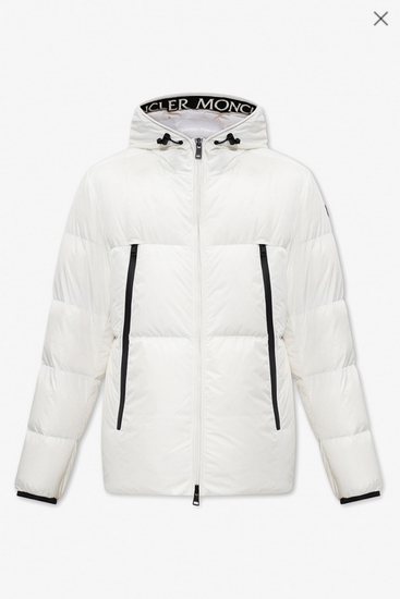 Moncler Montcla Short Down Jacket. White puffer jacket with black accents on a white background
