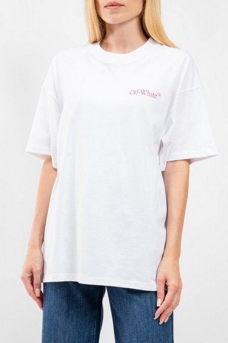 Off White Moon Cam Arrow Tshirt featuring a bold red graphic on a black backg
