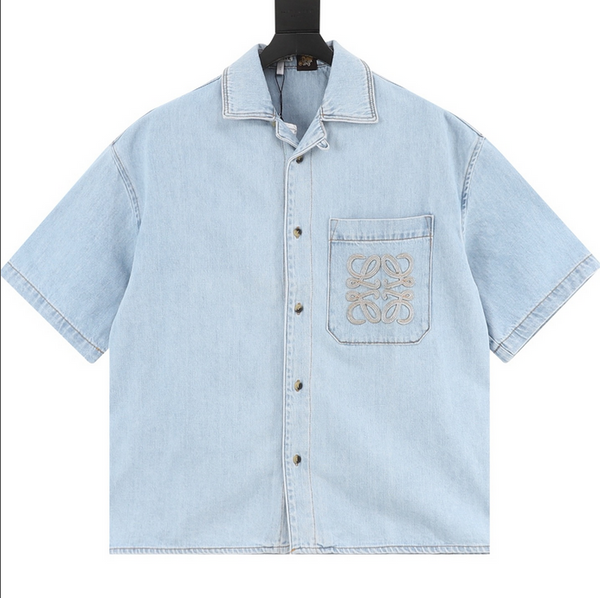 LOEWE Embroidered Denim Short Sleeve Shirt in light blue with embroidered detail on chest pocket.
