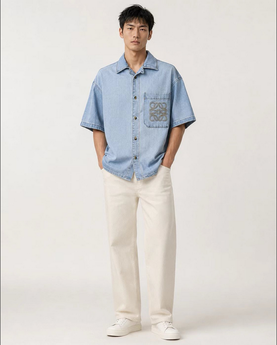 LOEWE Embroidered Denim Short-Sleeve Shirt