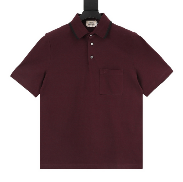 Hermes Cotton Polo Shirt for Men in burgundy color with a classic collar and a chest pocket.