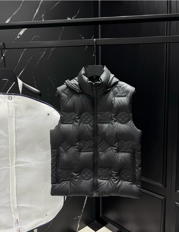 Black puffer vest with brand logo. Men's Hooded Duck Down Vest Versatile Autumn Winter Jacket