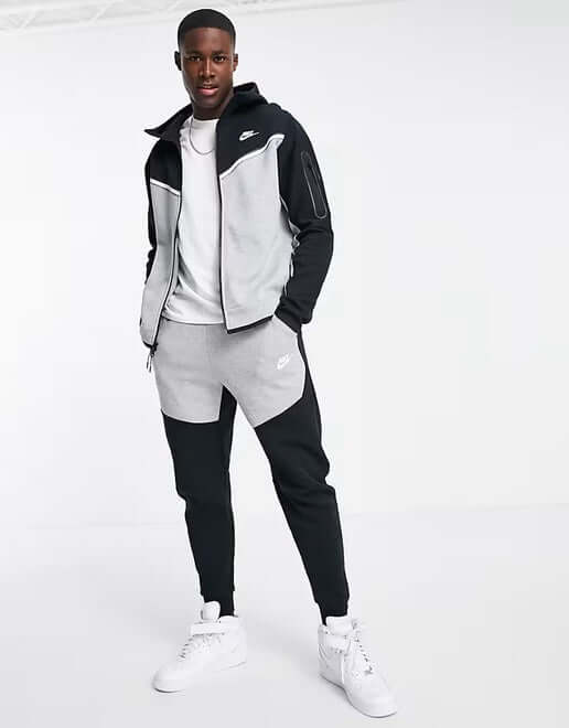 Nike Sportswear Tech Fleece Hoodie & Joggers Set Grey/Black displayed on a white background.