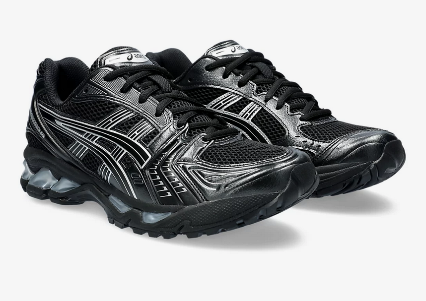 Asics Gel Kayano 14 Unisex Black Pure Silver Sneaker side view showcasing bold design and support.