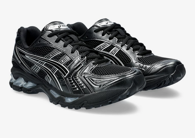 Asics Gel Kayano 14 Unisex Black Pure Silver Sneaker side view showcasing bold design and support.