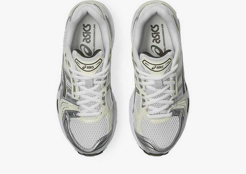 Asics Gel Kayano 14 Unisex White Ivory Sneaker side view, showcasing its retro design and lightweight comfort.