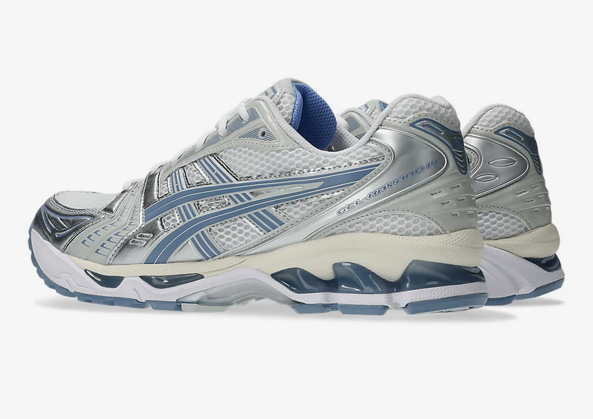 Asics Gel Kayano 14 Unisex White Light Navy Sneaker side view, showcasing retro-inspired design and performance features.