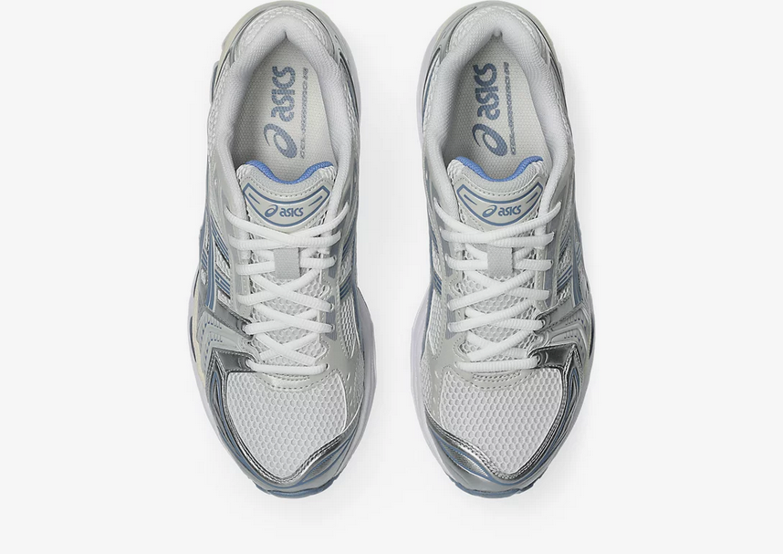 Asics Gel Kayano 14 Unisex White Light Navy Sneaker side view, showcasing retro-inspired design and performance features.
