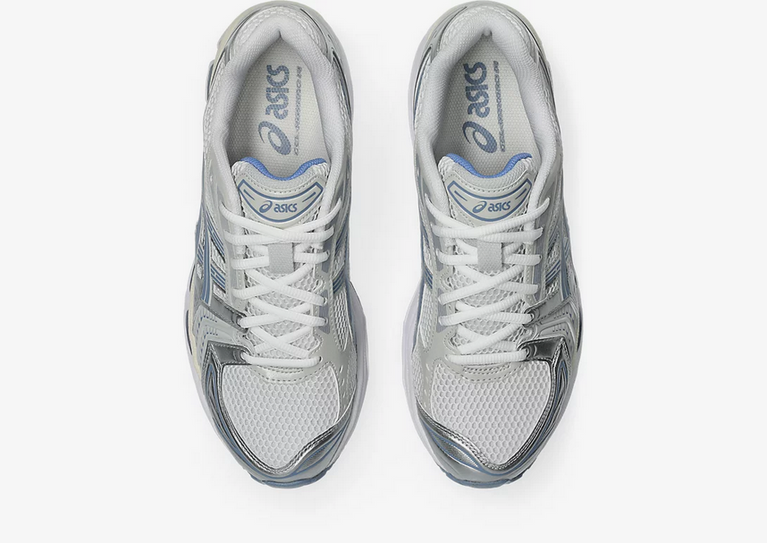 Asics Gel Kayano 14 Unisex White Light Navy Sneaker side view, showcasing retro-inspired design and performance features.