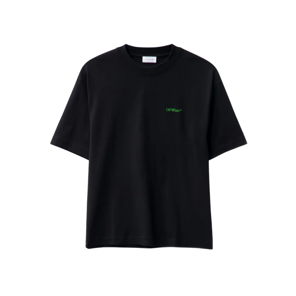 Off White Moon Cam Arrow Tshirt featuring a bold green graphic on a black backg