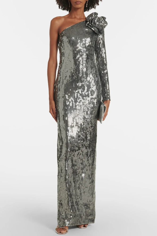 Elegant Silver Sequin Cocktail Party Dress
