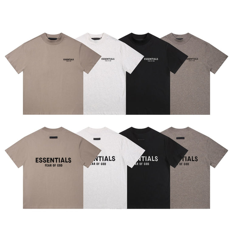 FEAR OF GOD ESSENTIALS Tshirt with Logo in various colors on display.