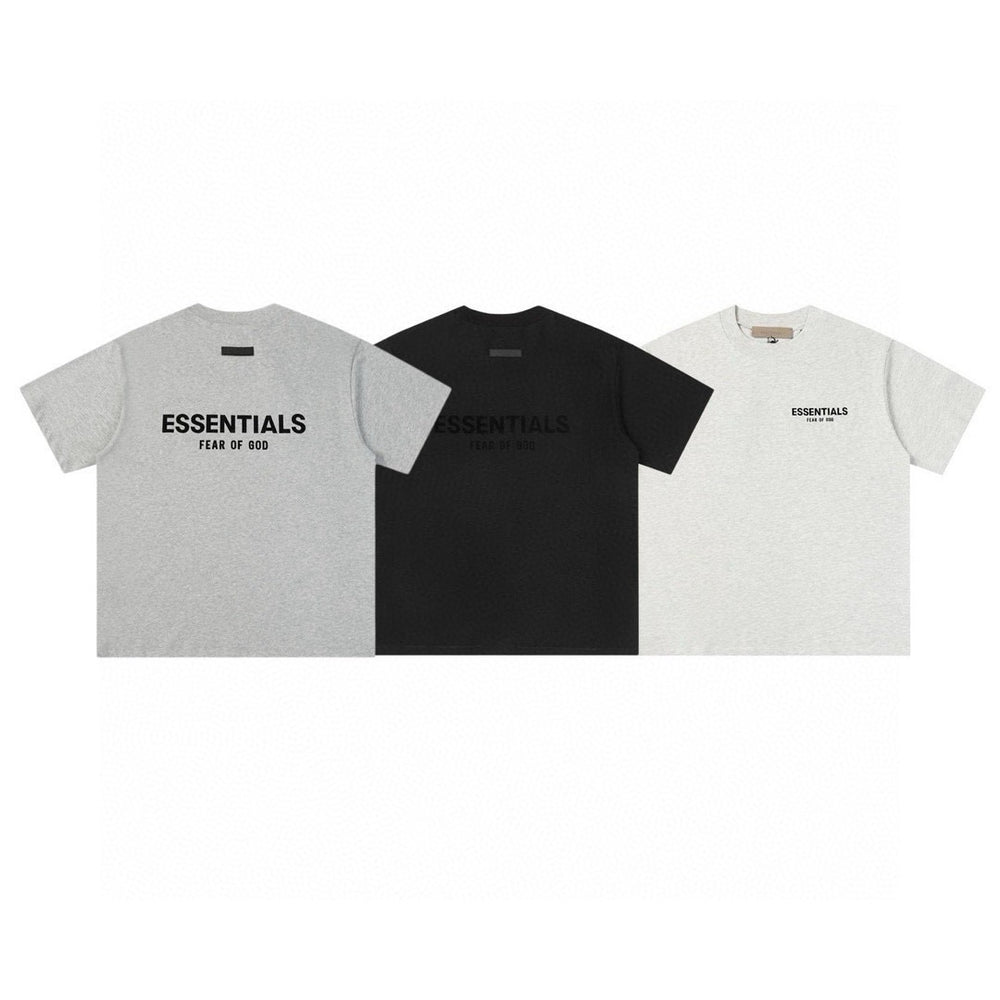 FEAR OF GOD ESSENTIALS Tshirt with Logo in gray, black, and white color options, showcasing modern streetwear design.