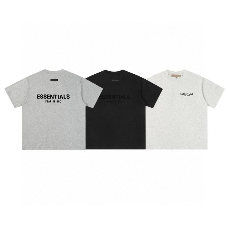 FEAR OF GOD ESSENTIALS Tshirt with Logo in gray, black, and white color options, showcasing modern streetwear design.