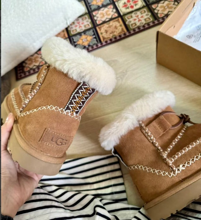 Brown UGG boots with white fur lining on a patterned rug. UGG Classic Mini Alpine Women's Winter Snow Boots at volonka