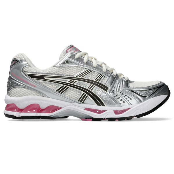 Asics Gel Kayano 14 Sweet Pink running shoes in silver and black with pink accents available for sale. Asics Gel Kayano 14 Sweet Pink running shoes in silver and black with pink accents available for sale.