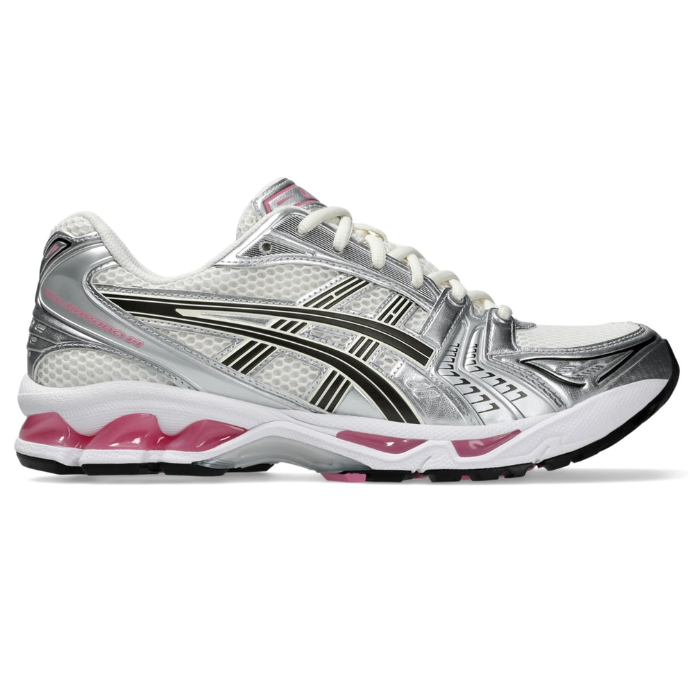 Asics Gel Kayano 14 Sweet Pink running shoes in silver and black with pink accents available for sale. Asics Gel Kayano 14 Sweet Pink running shoes in silver and black with pink accents available for sale.