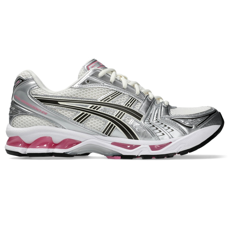 Asics Gel Kayano 14 Sweet Pink running shoes in silver and black with pink accents available for sale. Asics Gel Kayano 14 Sweet Pink running shoes in silver and black with pink accents available for sale.