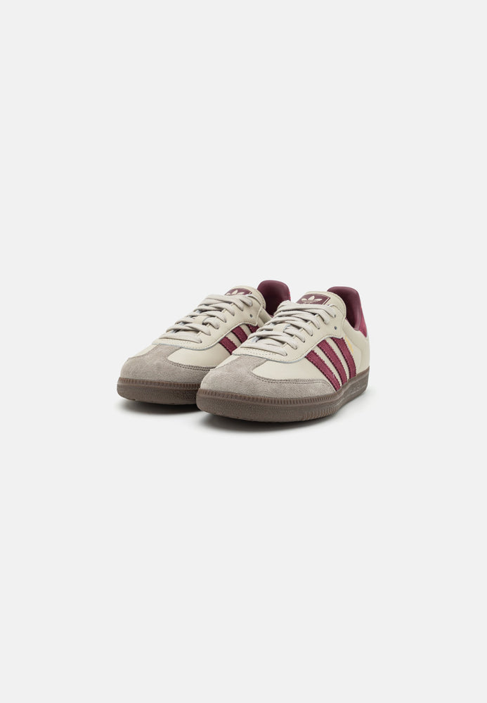 Adidas Samba OG Putty Grey Maroon sneaker with maroon stripes and detailing at Volonka.