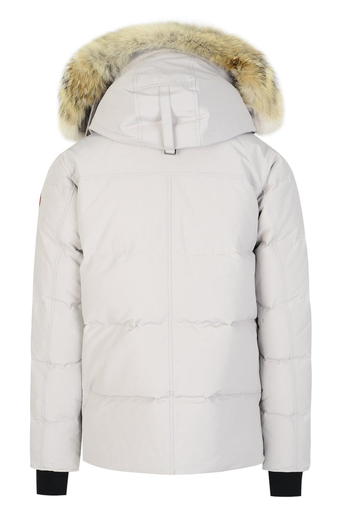 Light gray puffer jacket with a fur-lined hood on a white background. Women's/ men Canada Goose Wyndham Parka with Fur jacket