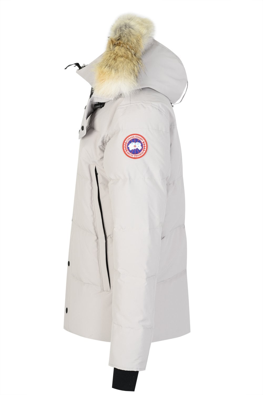 White parka with fur hood and Canada Goose logo on a white background. Women's/ men Canada Goose Wyndham Parka with Fur jacket