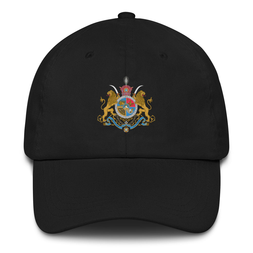 Imperial Coat of Arms of Iran Emblem Unisex Hat on a black cap featuring embroidered design.