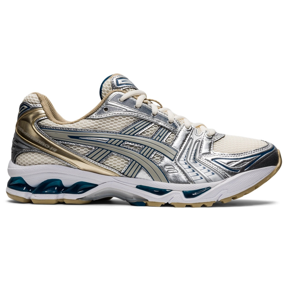 Asics Gel Kayano 14 Unisex Cream Pure Silver running shoes with silver and cream color scheme.