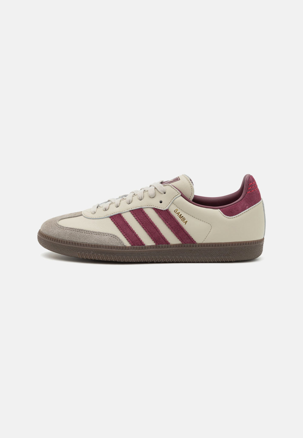 Adidas Samba OG Putty Grey Maroon sneaker with maroon stripes and detailing at Volonka.