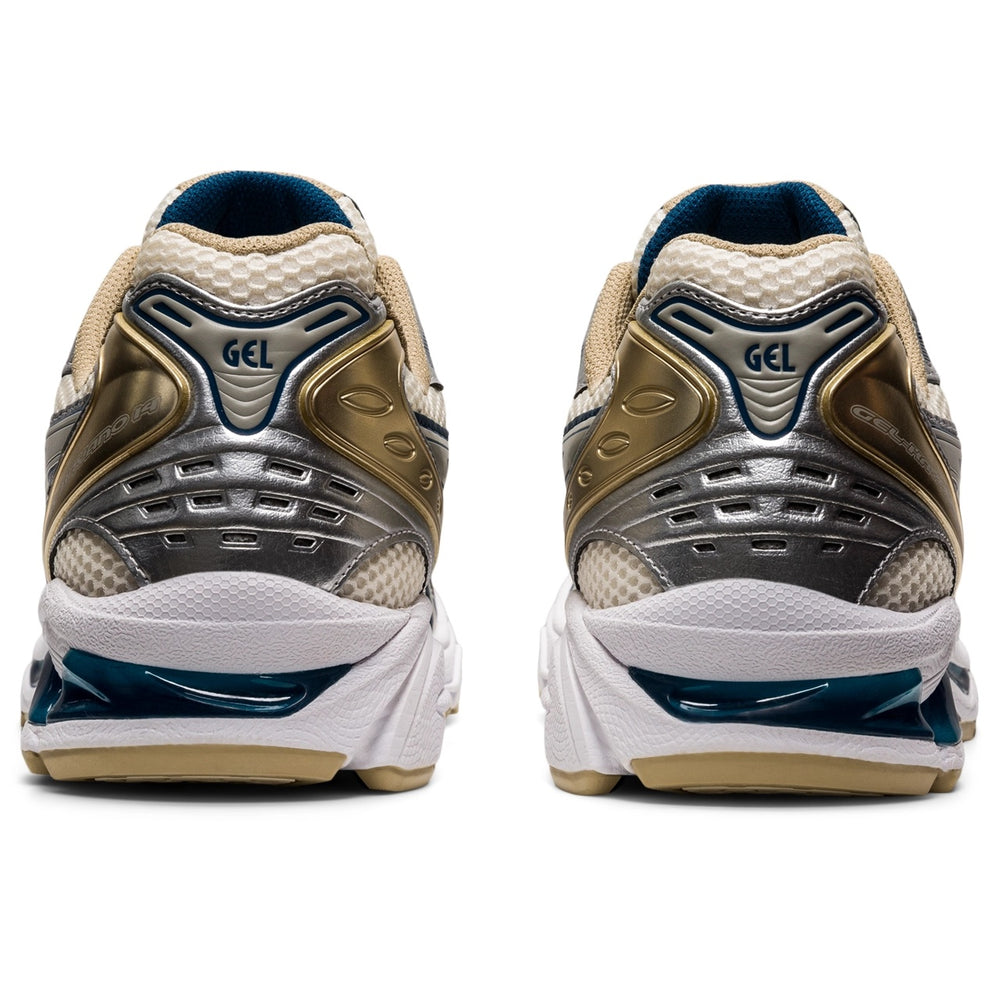 Asics Gel Kayano 14 Unisex Cream Pure Silver running shoes with silver and cream color scheme.